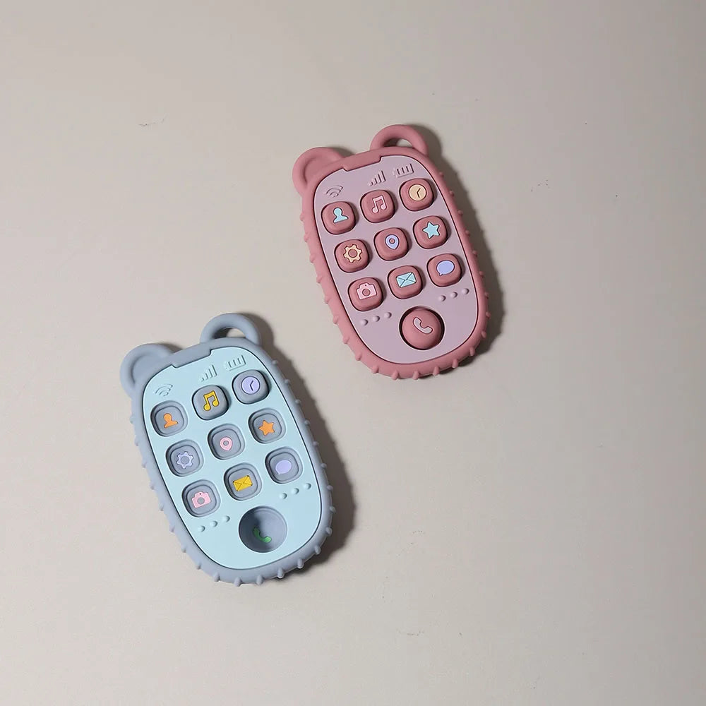 Two pink and blue phone-shaped silicone teethers for babies, showing various buttons and shapes.