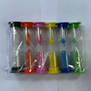 A set of six colorful hourglass sand timers with different durations for various uses.
