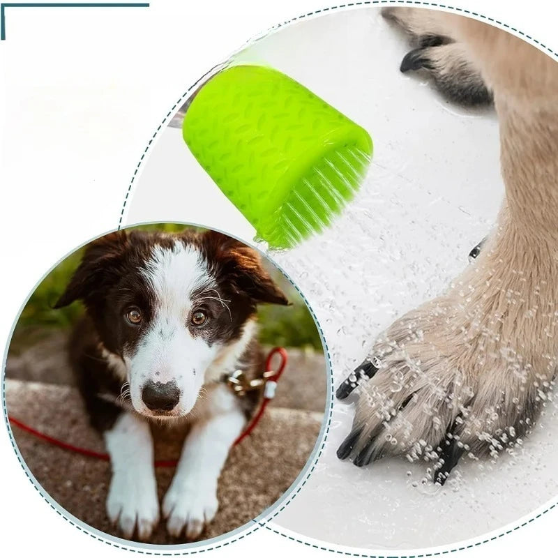 A dog is being washed with a bright green portable silicone pet shower head.
