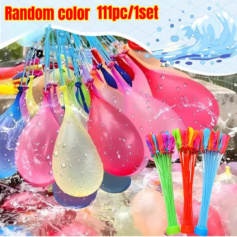 A collection of 11 pink and colorful self-sealing water balloons floating in water.