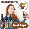 A woman is shown with a bottle of Stinky Ass spray and Toxic Bomb spray, labeled as prank props.