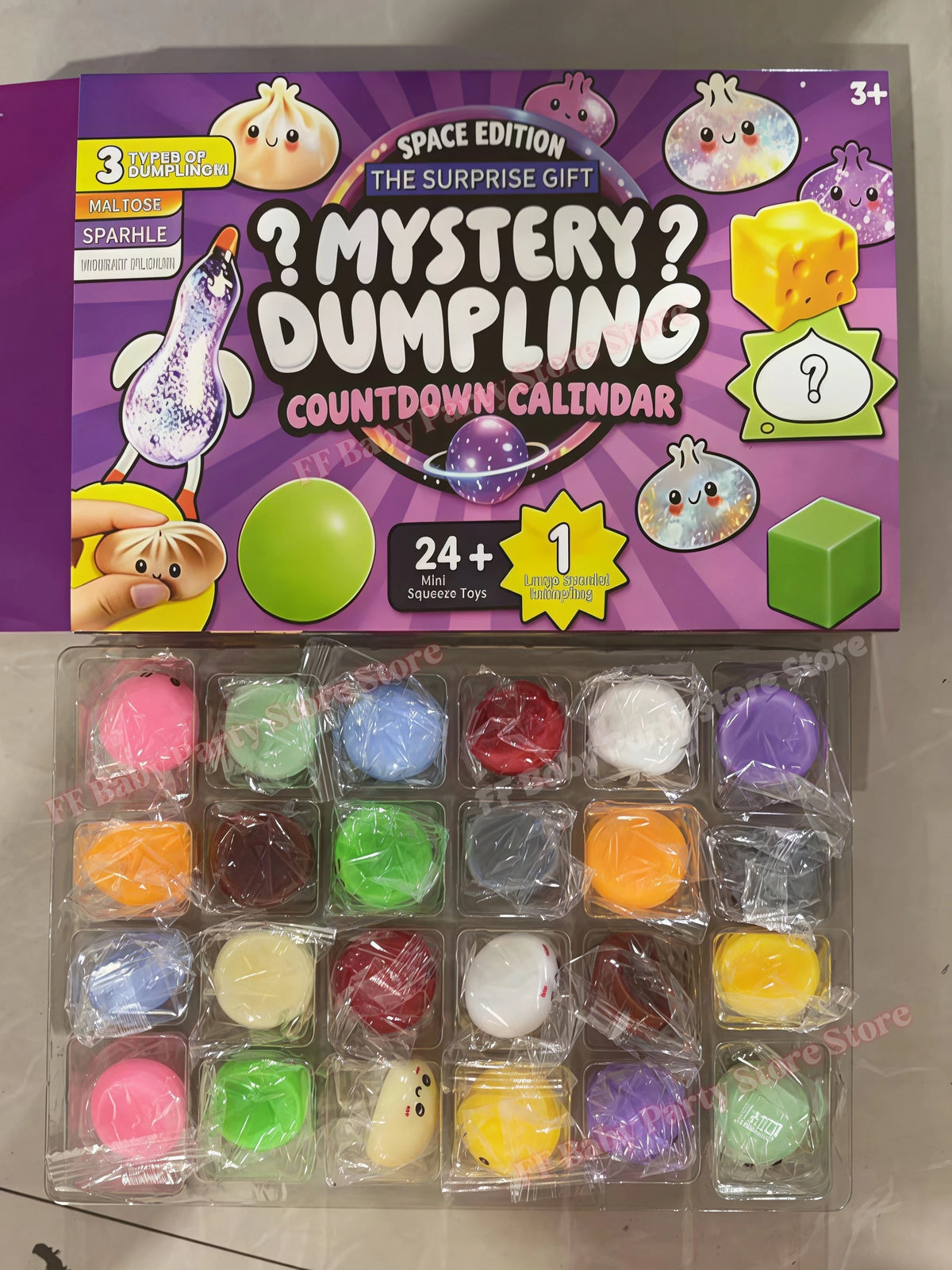 A box of mystery dumpling squishy toys featuring a countdown calendar and various colorful squishy toys.