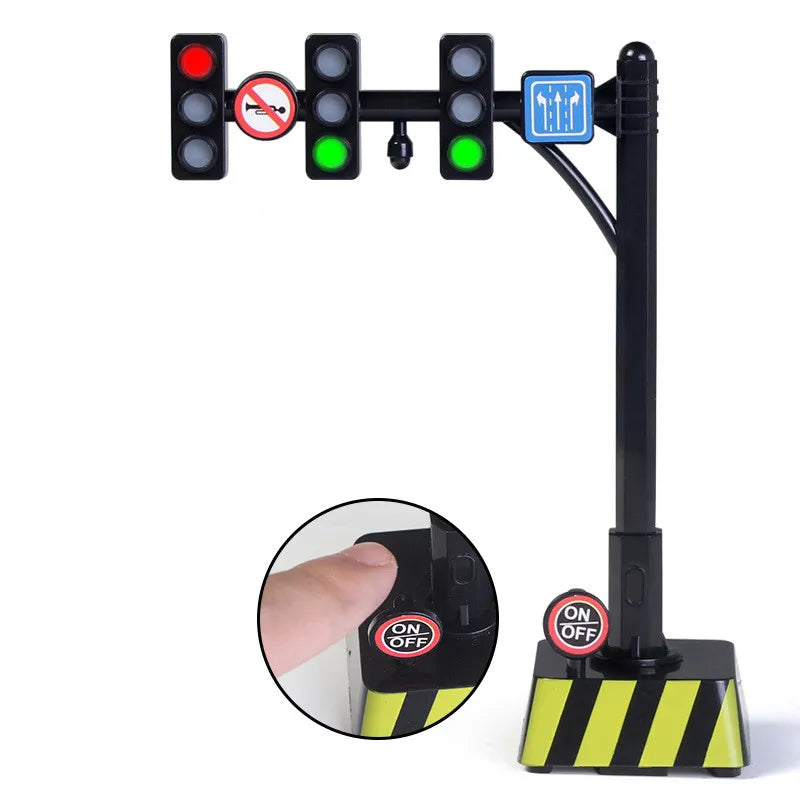 A black wooden train track accessory set featuring airport and gas station scenes with illuminated lights.
