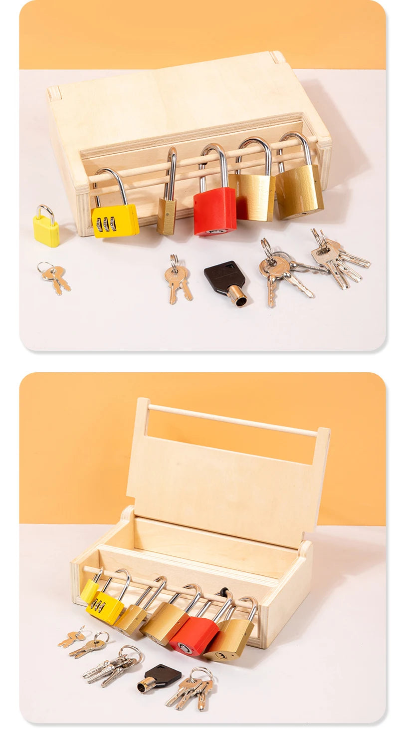 A set of wooden lock and key toys including various sized keys and locks in yellow, red, and gold colors.