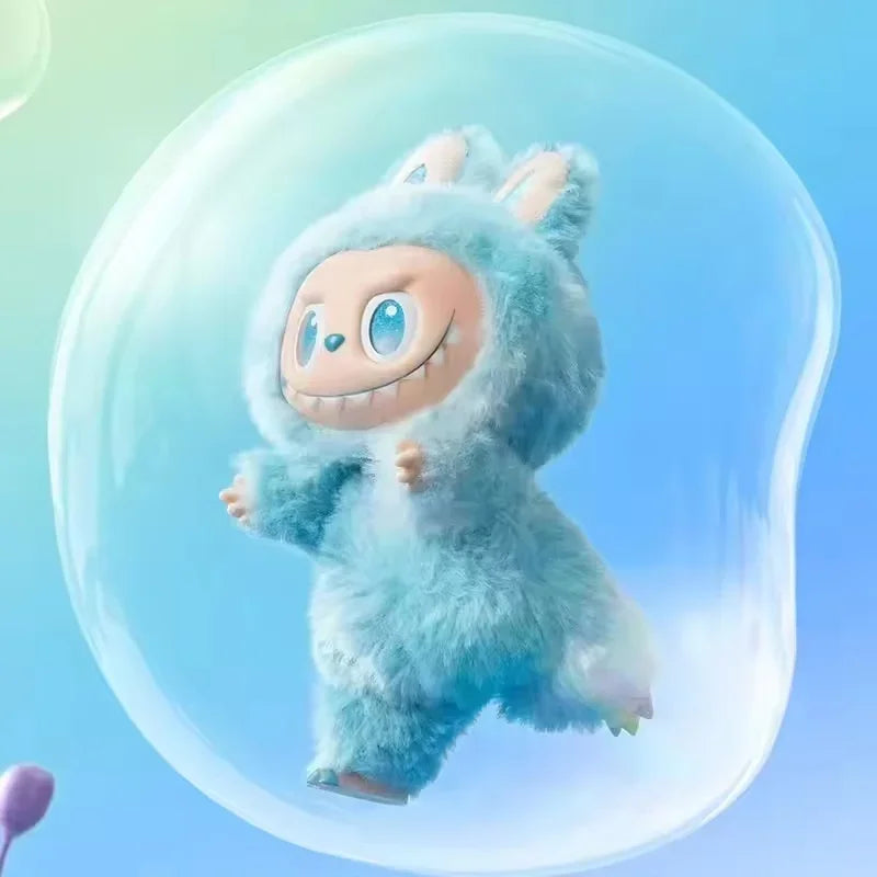 A light blue Labubu vinyl plush pendant blind box with large eyes and a smiling expression floating in a clear bubble.