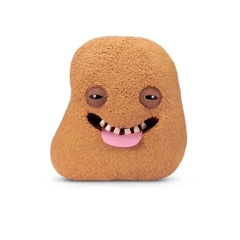 A brown, fuzzy plush toy shaped like a monster with large eyes and a wide, smiling mouth.