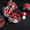 A close-up of a set of polyhedral dice featuring a mushroom theme with red and gold accents.