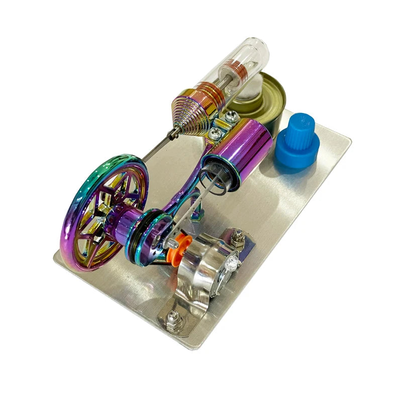 A miniature Stirling engine model featuring a purple and green mechanism connected to a light bulb.