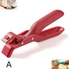 A red non-slip silicone pot gripper with metal tongs shown in a close-up view.