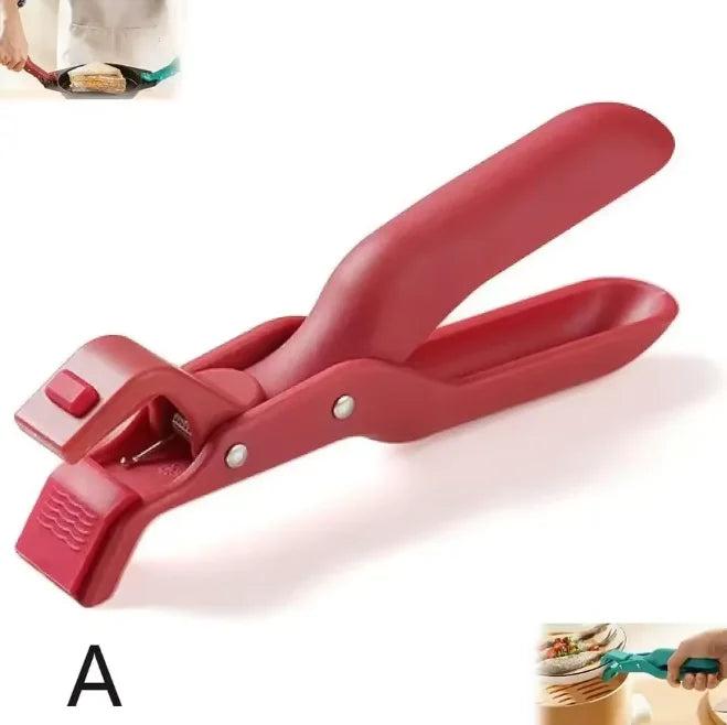 A red non-slip silicone pot gripper with metal tongs shown in a close-up view.