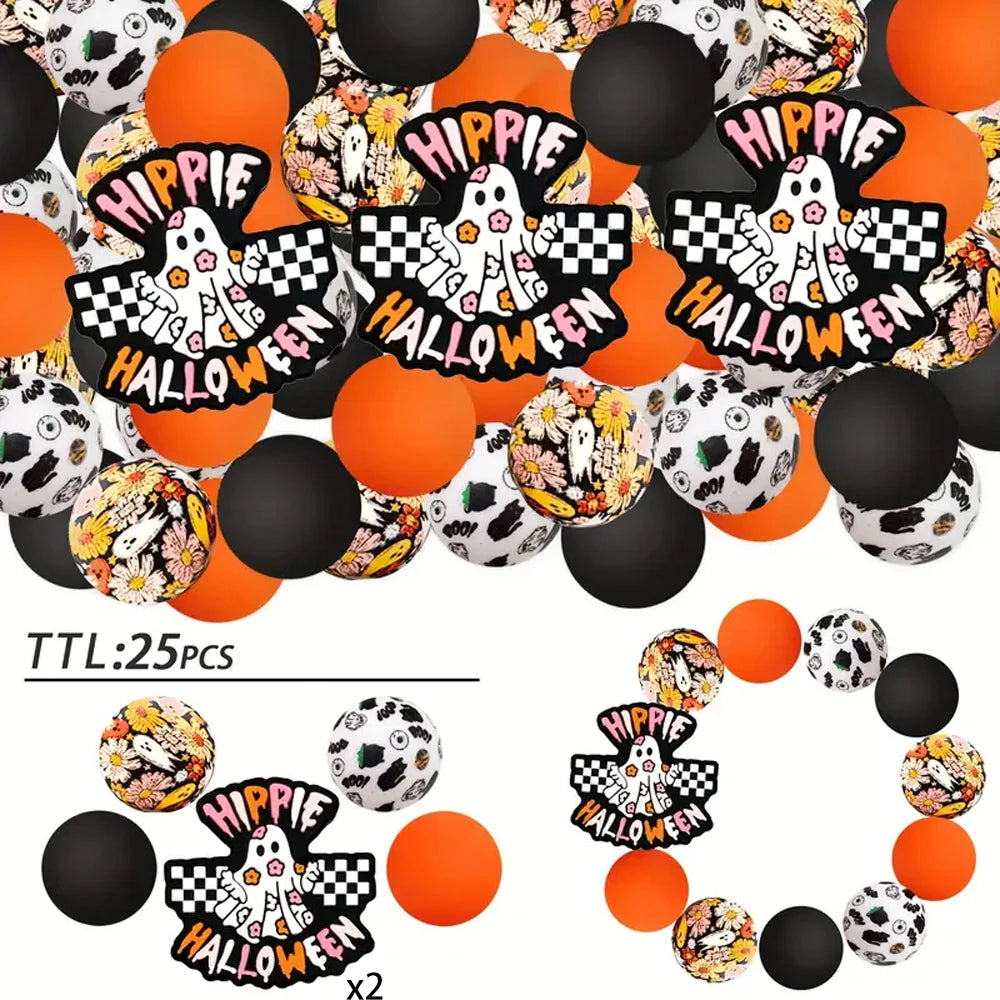 A collection of 25 Halloween silicone beads featuring spooky ghost designs in black, white, and orange colors.