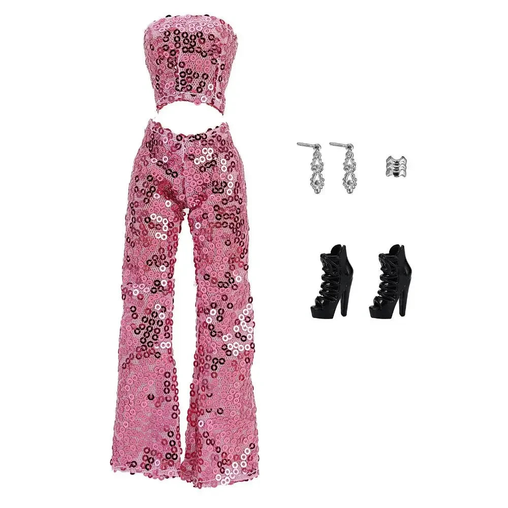 Pink sequin party trousers set for fashion dolls includes a matching top and black boots
