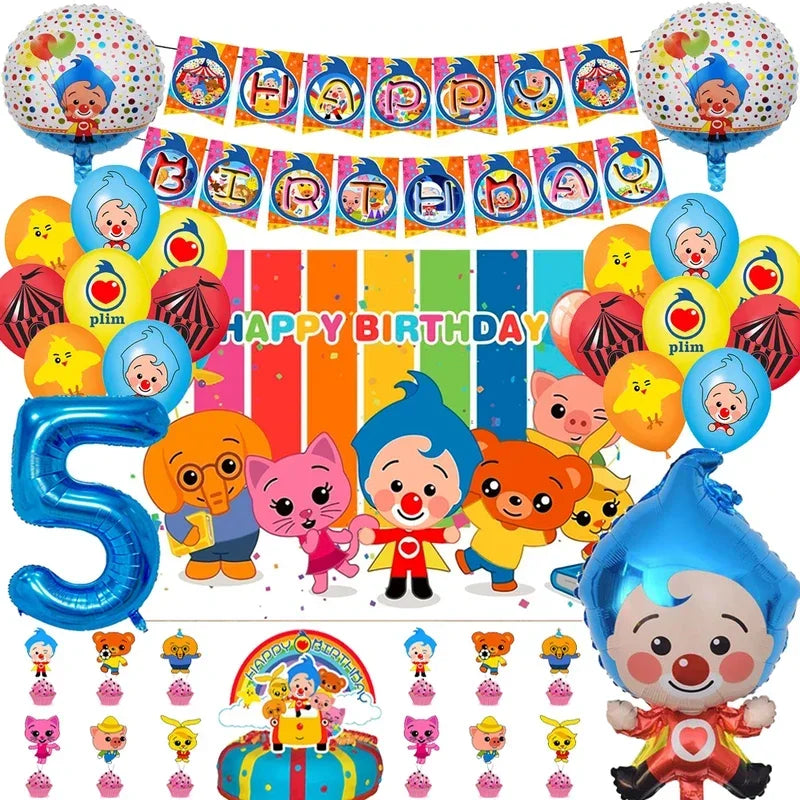 A collection of colorful balloons and party decorations featuring circus clowns for a kids' birthday celebration.