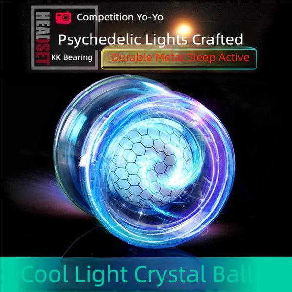 A blue luminous crystal ball used as a competition yo-yo with psychedelic lights.