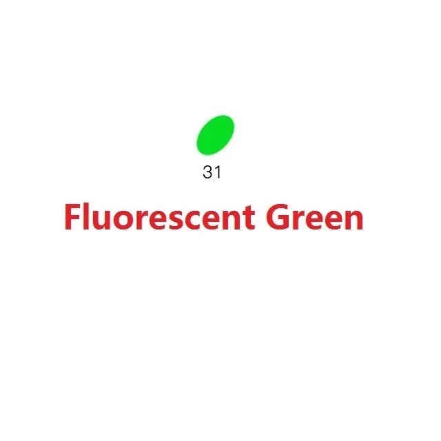 A small, bright green oval representing fluorescent green color.
