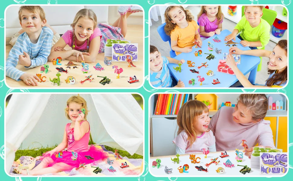 A collection of colorful 3D DIY cardboard puzzle sets featuring animals, dinosaurs, insects, and vehicles for children.