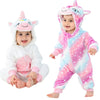 A baby wearing a pink and white animal hooded romper with a cute face design.
