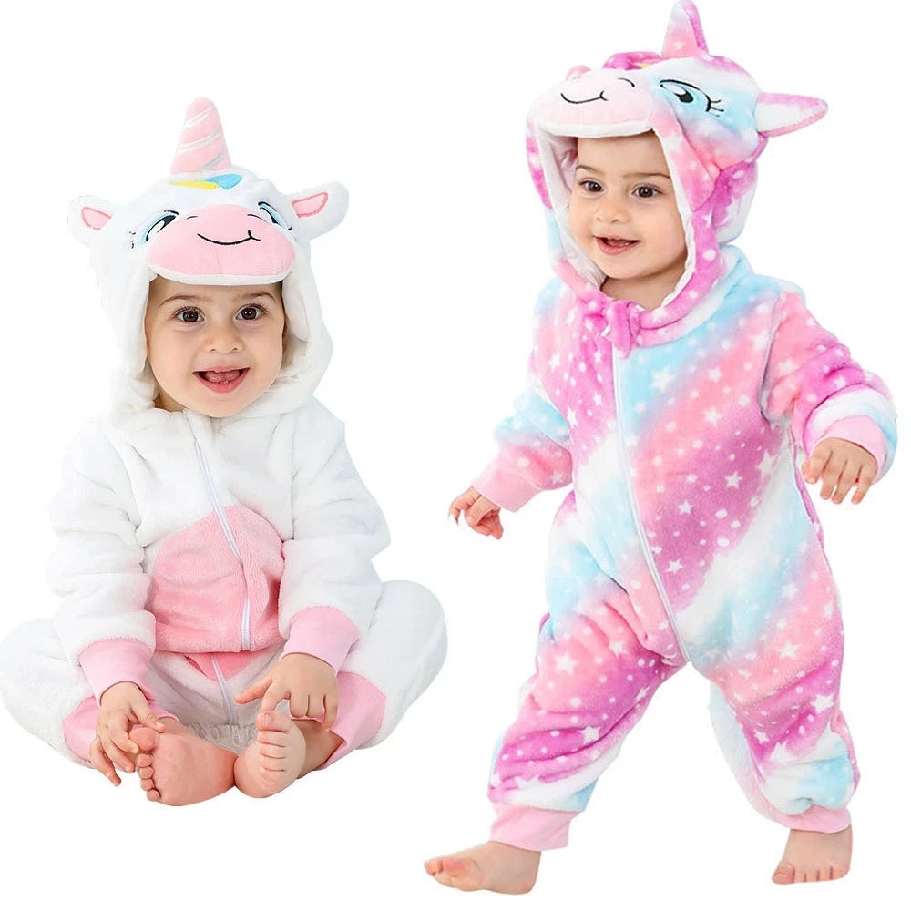 A baby wearing a pink and white animal hooded romper with a cute face design.