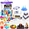 A colorful kids science experiment kit featuring various chemical learning activities and tools.