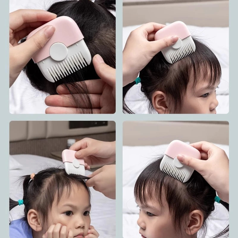 Hands show a pink and white 2-in-1 baby hair cutting comb being used on a baby's hair.