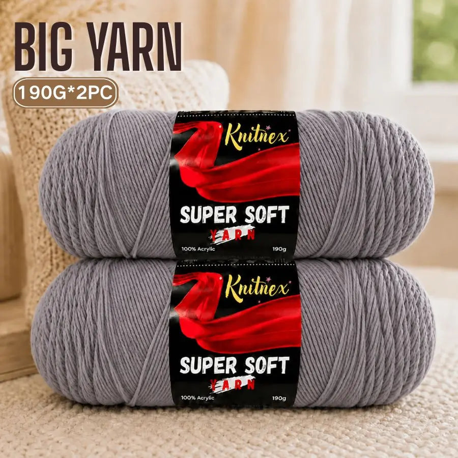 Two skeins of red super soft acrylic yarn labeled Knitnex Super Soft Yarn 190g each