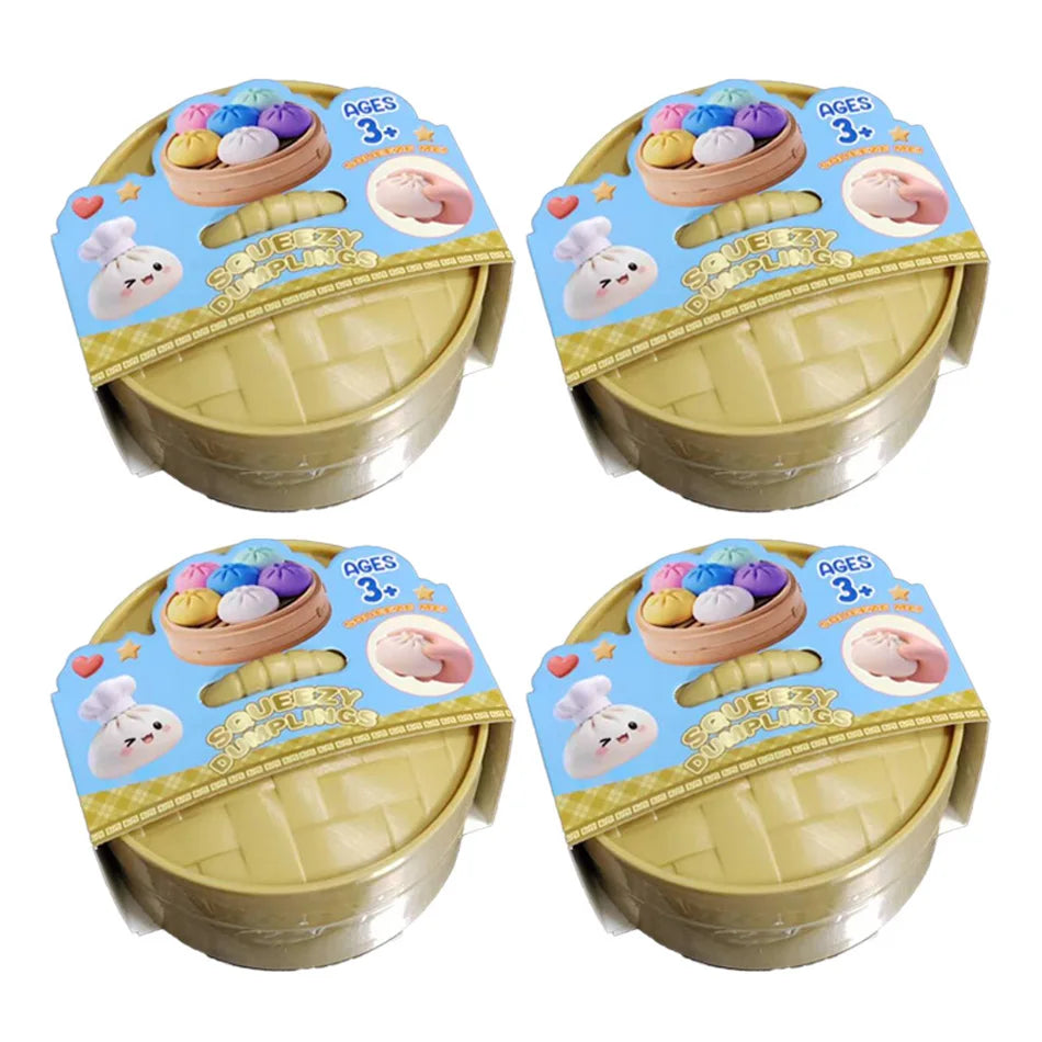 A set of adorable dumpling squishy stress balls with steamer baskets for kids