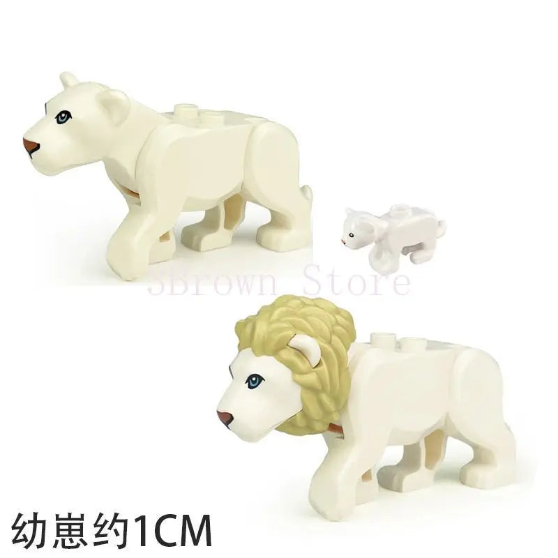 A set of six white and beige African wildlife animal building blocks for kids and collectors.