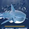A blue inflatable shark toy designed for multiple scenarios including an inflatable pool, home bathtub, and water park play.