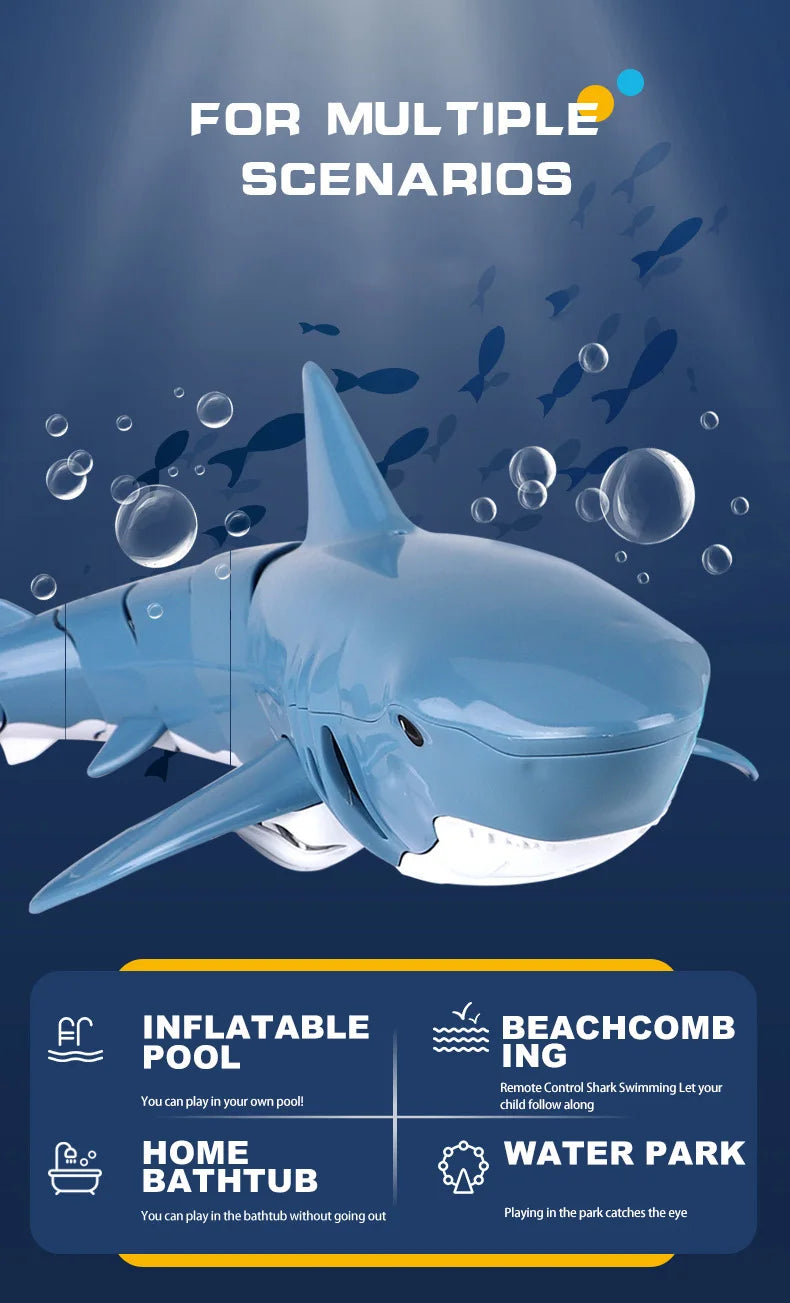 A blue inflatable shark toy designed for multiple scenarios including an inflatable pool, home bathtub, and water park play.