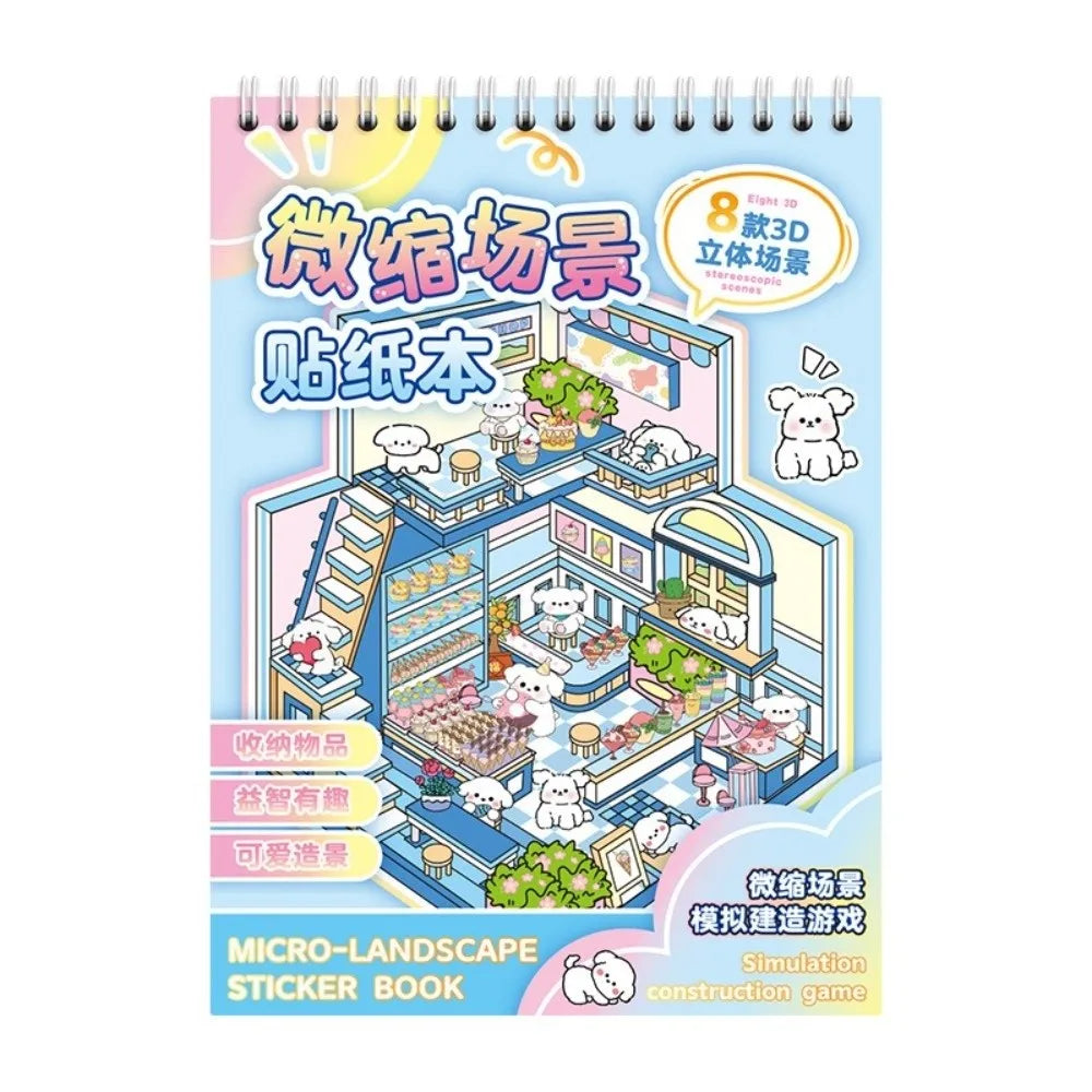 A sticker book featuring a 3D cabin scene simulation game for kids.