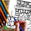 A hand holds a blue colored pencil drawing of a fireplace scene for an adult coloring book.