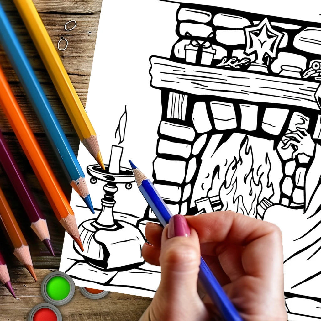 A hand holds a blue colored pencil drawing of a fireplace scene for an adult coloring book.