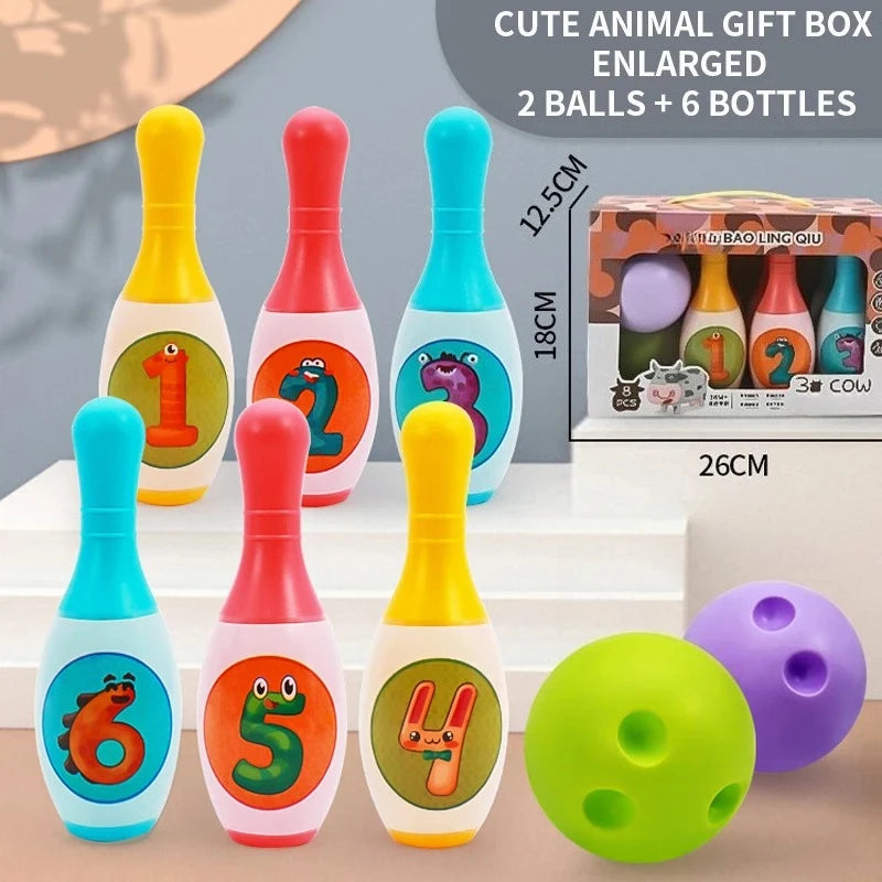 A soft foam bowling set for kids featuring numbered and animal-themed bottles and balls.