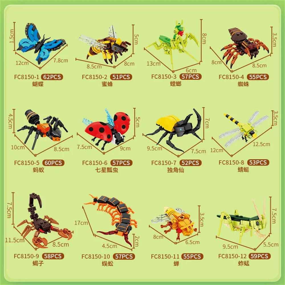 A collection of insect building blocks including a bee, ant, butterfly, and various other insects.