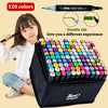 A child holds an alcohol marker pen next to a large set of 120 colored dual-nib markers in a black case.