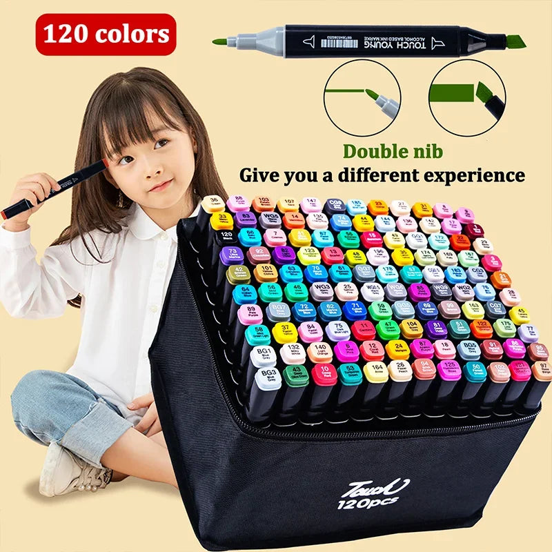 A child holds an alcohol marker pen next to a large set of 120 colored dual-nib markers in a black case.