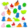 A collection of colorful squishy dinosaur fidget toys in various shades of green, orange, and pink.