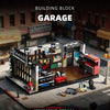 A detailed model of a vintage American garage building block set featuring a multi-level structure and various accessories.
