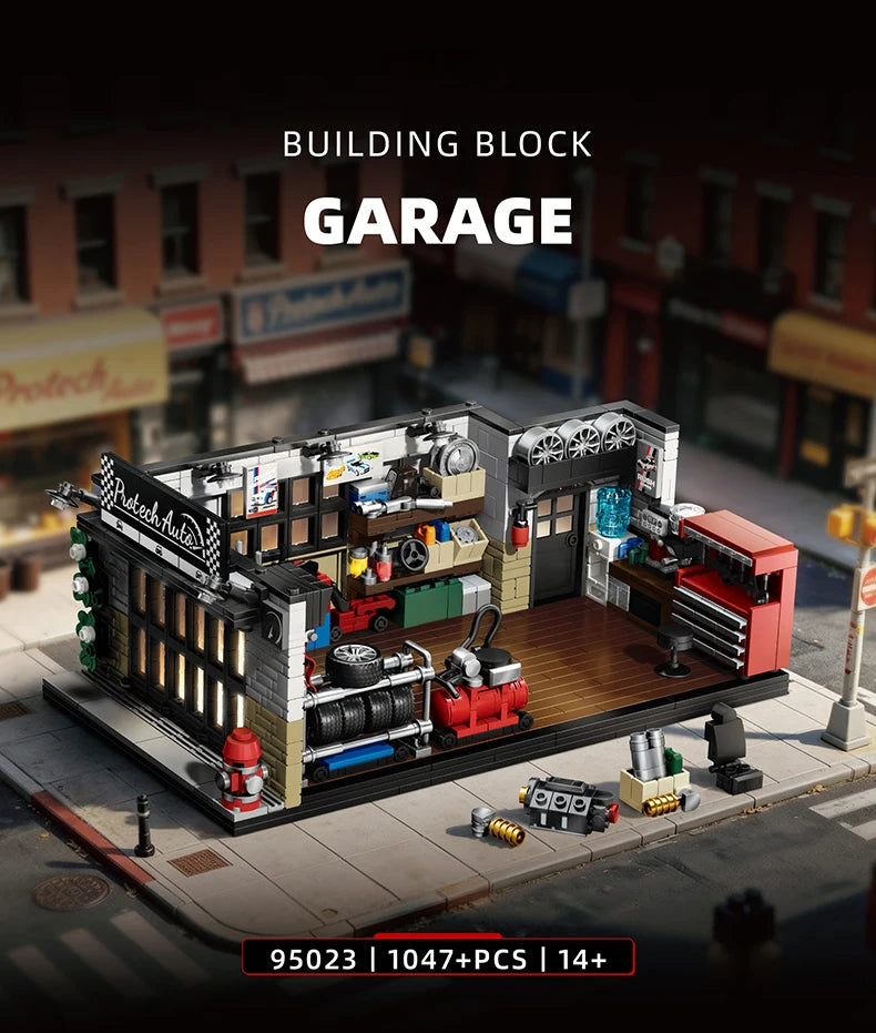 A detailed model of a vintage American garage building block set featuring a multi-level structure and various accessories.