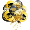 A bunch of black and gold confetti balloons decorated with graduation graphics.
