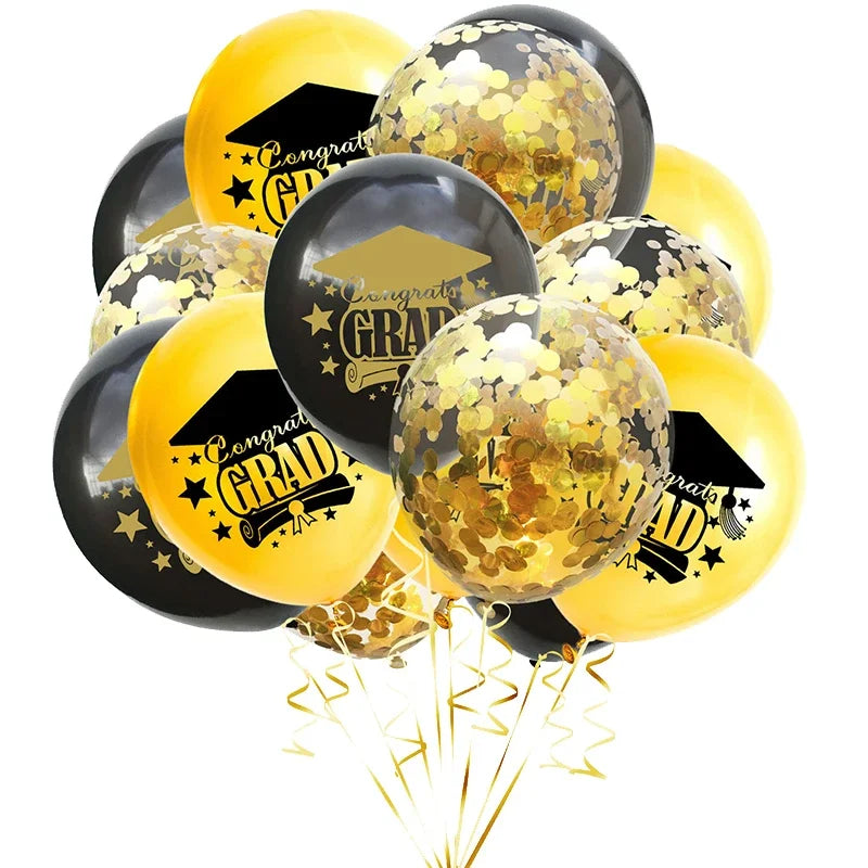 A bunch of black and gold confetti balloons decorated with graduation graphics.