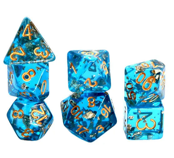 A set of four ocean blue gold foil resin dice showing numbers 4, 3, 8, and 10.