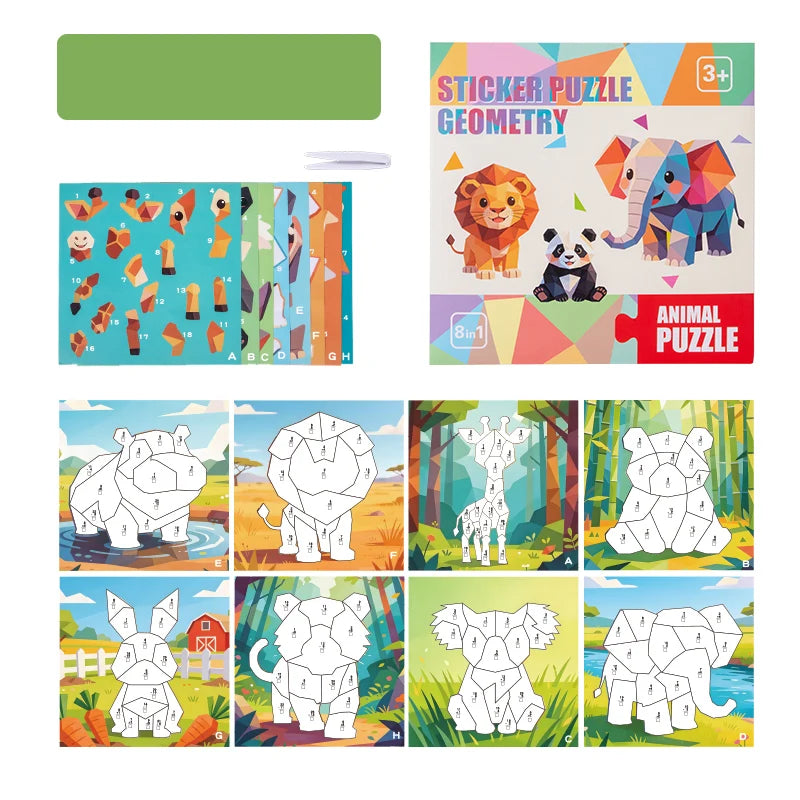 A set of sticker puzzles featuring various animal and dinosaur designs for kids.