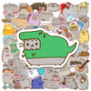 A sticker featuring a green dinosaur-like cat character with sharp teeth and a light gray body.