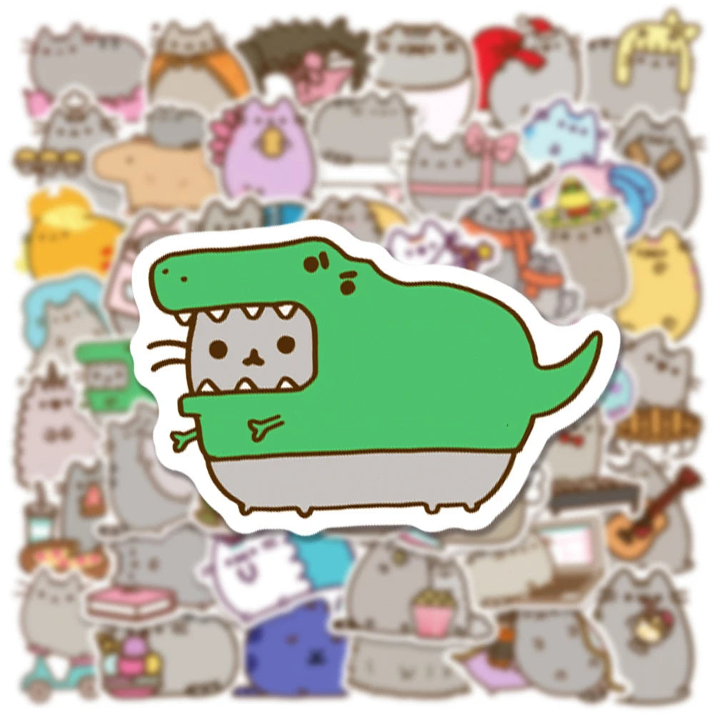 A sticker featuring a green dinosaur-like cat character with sharp teeth and a light gray body.