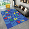 A colorful alphabet rug featuring large letters in various colors like blue, yellow, green, and red for a kids' playroom.