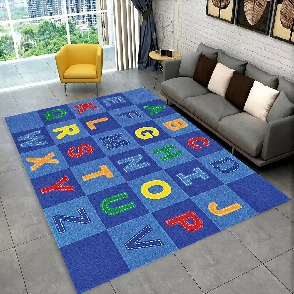 A colorful alphabet rug featuring large letters in various colors like blue, yellow, green, and red for a kids' playroom.