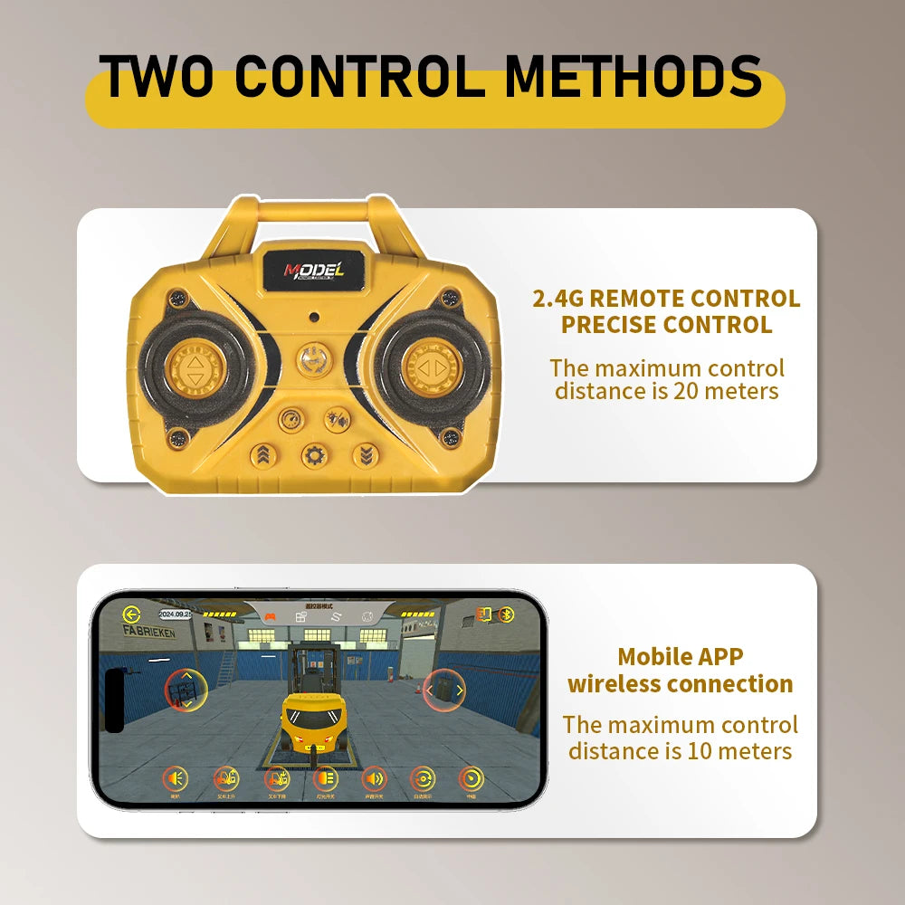Two control methods shown for a yellow 1:64 remote control crane and forklift model.