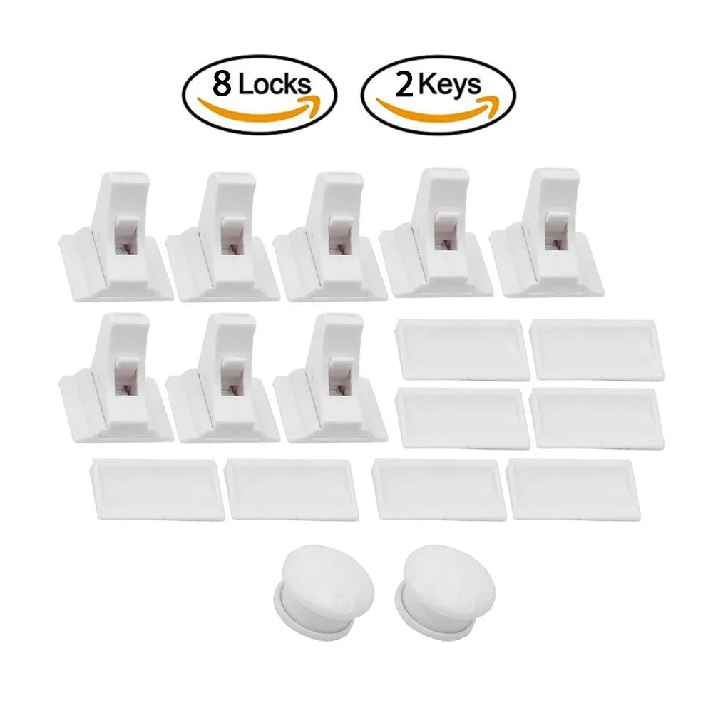 A set of magnetic child safety cabinet locks including 8 locks, 2 keys, and various lock components.