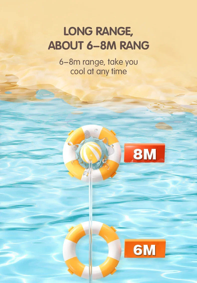 A yellow and white inflatable ring floating in blue water with distance markers showing 8m and 6m range.